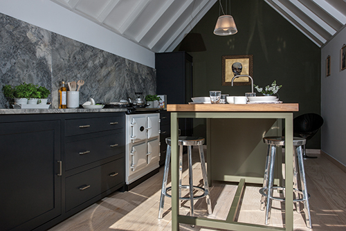 AGA Dual Control in White surrounded by black cabinetry 