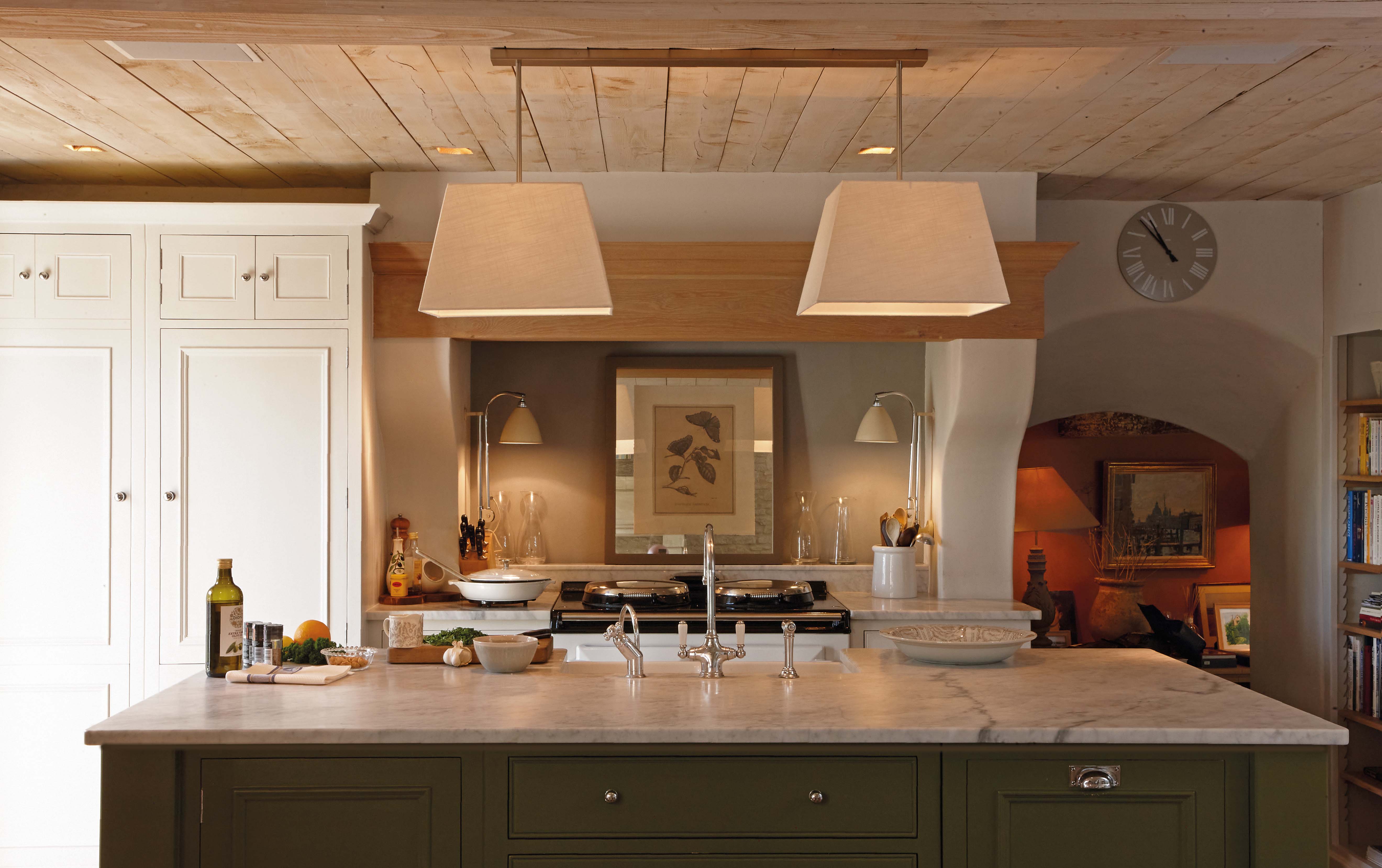 Emma Sims Hilditch Kitchen with Carrara marble worktops and Neptune kitchen cabinetry in Olive and Shingle