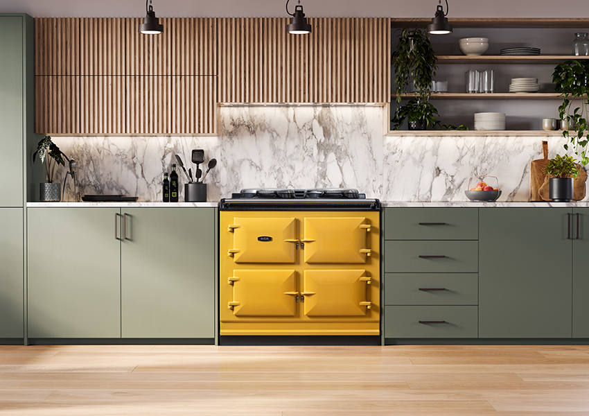 AGA cooker in Mustard in contemporary kitchen 