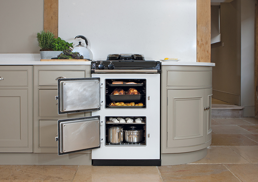 AGA 60 in white with open oven doors