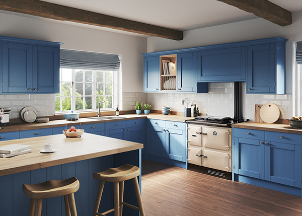 Rayburn Heatranger in Linen with blue cabinetry