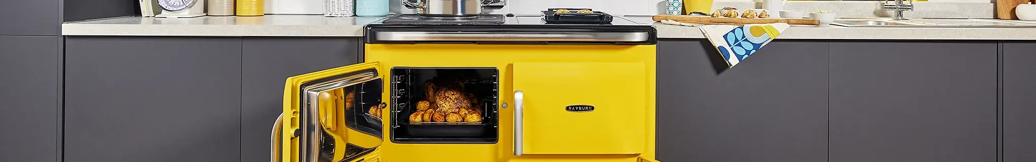 Front of Rayburn Ranger cooker in Sunshine yellow colour