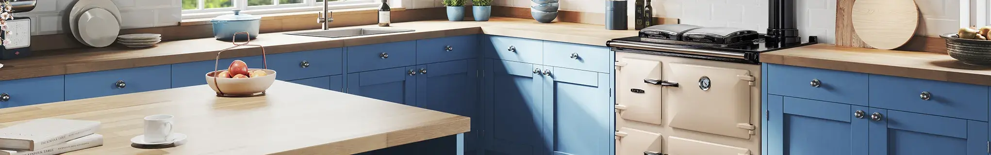 Rayburn Heatranger in Linen with blue cabinetry