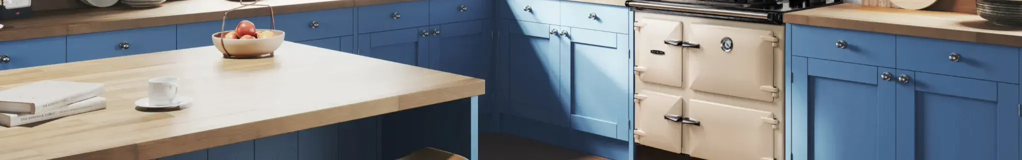 Rayburn Heatranger in Linen with blue cabinetry 