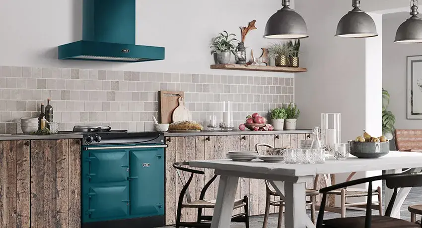 AGA eR3 Series 90 in Salcombe Blue with complementary AGA Slab Cooker Hood 