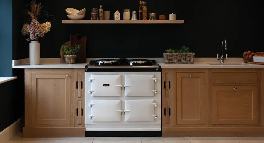 AGA 7 Series 100 in White with Neptune's Constable Green feature wall