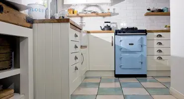 AGA 60 in duck egg blue in kitchen with white cabinetry 