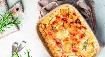 Salmon, Leek and Crushed Potato Gratin Served in dish