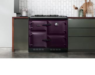 Rayburn 600 Series in Aubergine with green kitchen cabinets