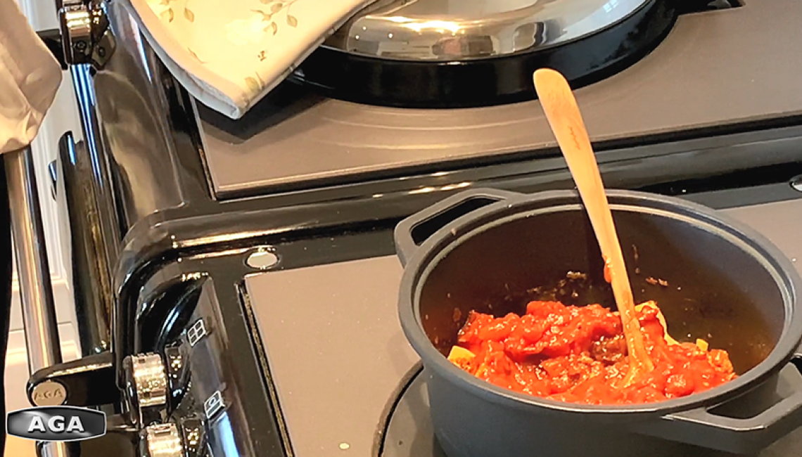 Cooking vegetarian chilli on the AGA hotplate