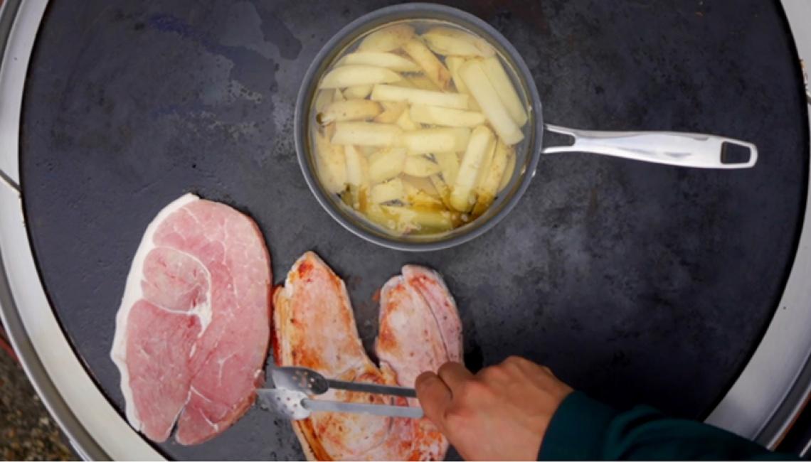Gammon and chips cooking on the AGA Outdoor Grill