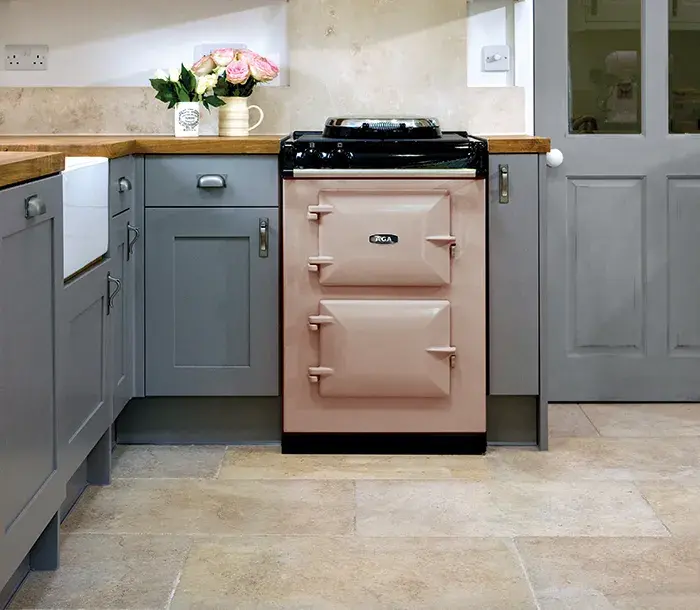 AGA 60 in blush with grey cabinets 