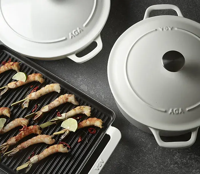 AGA cast-iron casserole and griddle in white 