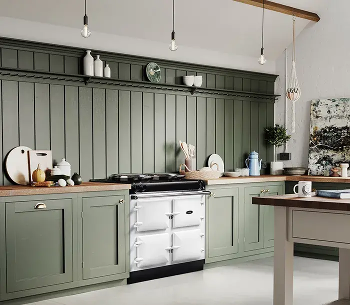AGA R3 in white with green kitchen cabinetry 