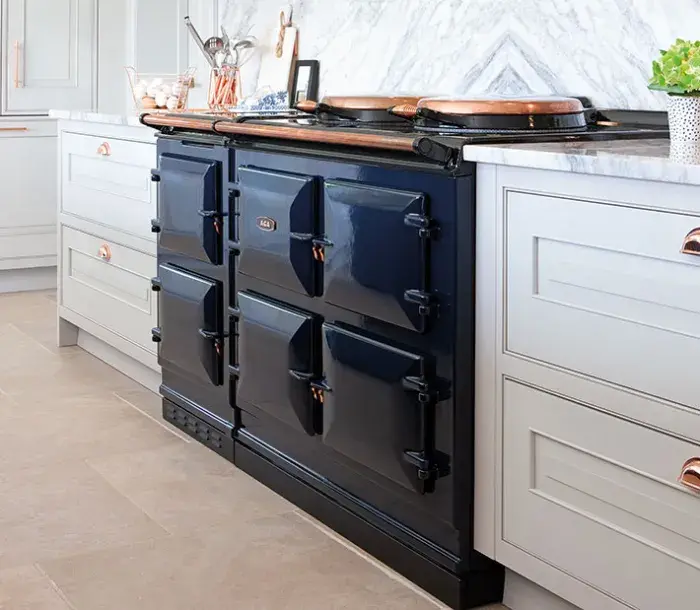 Blue and copper AGA X Taylor Howes AGA in kitchen setting