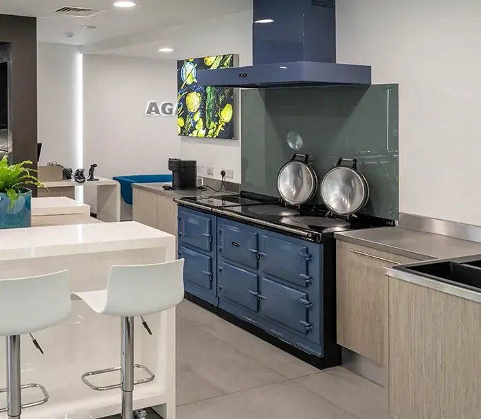 AGA 7 Series range cooker and extraction hood in Dartmouth Blue