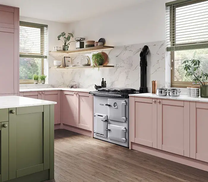 Rayburn 308 Series in Pearl Ashes with blush shaker style cabinetry 