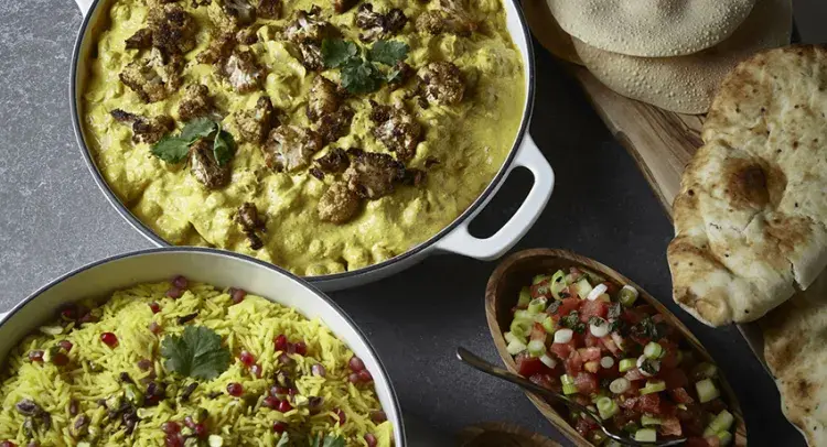 Roasted Cauliflower, Chicken and Chickpea Curry with rice and naan bread